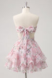 Robe de rentrée rose rose à volants à volants Sweetheart A-Line avec nœud