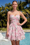 Robe de rentrée rose rose à volants à volants Sweetheart A-Line avec nœud