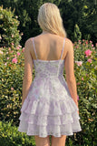 Robe de rentrée rose à bandes fines en ligne A à pattes fines avec volants