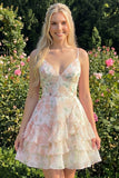 Robe de rentrée rose à bandes fines en ligne A à pattes fines avec volants