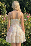 Robe de rentrée rose à bandes fines en ligne A à pattes fines avec volants