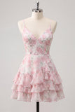 Robe de rentrée rose à bandes fines en ligne A à pattes fines avec volants