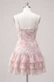 Robe de rentrée rose à bandes fines en ligne A à pattes fines avec volants