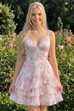Robe de rentrée rose à bandes fines en ligne A à pattes fines avec volants