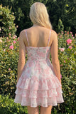 Robe de rentrée rose à bandes fines en ligne A à pattes fines avec volants