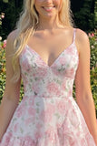 Robe de rentrée rose à bandes fines en ligne A à pattes fines avec volants