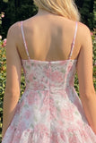 Robe de rentrée rose à bandes fines en ligne A à pattes fines avec volants