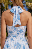 Robe de fin d’année à la maison à la maison en ligne bleu clair à col nu fleuri et froncés