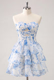 Robe de fin d’année bleu clair en chiffon fleuri en chiffon à étages
