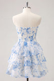 Robe de fin d’année bleu clair en chiffon fleuri en chiffon à étages