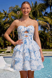 Robe de fin d’année bleu clair en chiffon fleuri en chiffon à étages