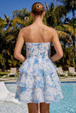 Robe de fin d’année bleu clair en chiffon fleuri en chiffon à étages