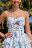 Robe de fin d’année bleu clair en chiffon fleuri en chiffon à étages