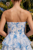 Robe de fin d’année bleu clair en chiffon fleuri en chiffon à étages