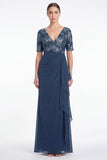 Robe longue de mère de la mariée en chiffon fleuri sirène marine à col en V et volants