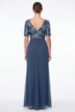 Robe longue de mère de la mariée en chiffon fleuri sirène marine à col en V et volants