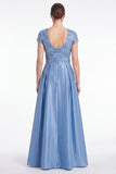 Robe longue de la mère de la mariée en satin à col en V bleu ligne A avec manches courtes