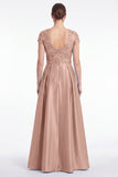 Robe longue de la mère de la mariée en satin à col en V bleu ligne A avec manches courtes