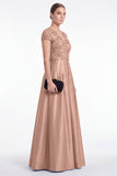 Robe longue de la mère de la mariée en satin à col en V bleu ligne A avec manches courtes
