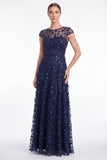 Robe longue de la mère de la mariée à manches longues à col rond bleu marine marine