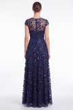 Robe longue de la mère de la mariée à manches longues à col rond bleu marine marine