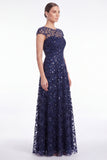 Robe longue de la mère de la mariée à manches longues à col rond bleu marine marine