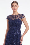 Robe longue de la mère de la mariée à manches longues à col rond bleu marine marine