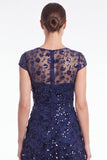 Robe longue de la mère de la mariée à manches longues à col rond bleu marine marine