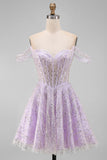 Corset lilas épaule décalée, sequins, ligne A, robe courte de rentrée avec dentelle dans le dos