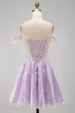 Corset lilas épaule décalée, sequins, ligne A, robe courte de rentrée avec dentelle dans le dos