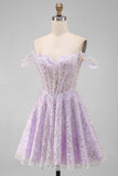 Corset lilas épaule décalée, sequins, ligne A, robe courte de rentrée avec dentelle dans le dos
