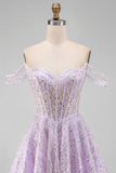Corset lilas épaule décalée, sequins, ligne A, robe courte de rentrée avec dentelle dans le dos