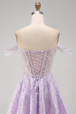 Corset lilas épaule décalée, sequins, ligne A, robe courte de rentrée avec dentelle dans le dos