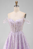 Corset lilas épaule décalée, sequins, ligne A, robe courte de rentrée avec dentelle dans le dos