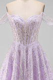 Corset lilas épaule décalée, sequins, ligne A, robe courte de rentrée avec dentelle dans le dos