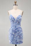 Robe courte de rentrée courte de rentrée bleue bodycon bretelles fines, lacets dans le dos