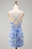 Robe courte de rentrée courte de rentrée bleue bodycon bretelles fines, lacets dans le dos