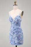 Robe courte de rentrée courte de rentrée bleue bodycon bretelles fines, lacets dans le dos