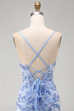 Robe courte de rentrée courte de rentrée bleue bodycon bretelles fines, lacets dans le dos