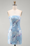 Robe courte courte bleue bodycon sans bretelles avec perles