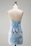 Robe courte courte bleue bodycon sans bretelles avec perles