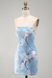 Robe courte courte bleue bodycon sans bretelles avec perles