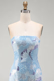 Robe courte courte bleue bodycon sans bretelles avec perles