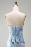 Robe courte courte bleue bodycon sans bretelles avec perles