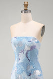 Robe courte courte bleue bodycon sans bretelles avec perles