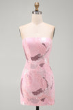 Robe courte de rentrée rose à perles bodycon, sans bretelles