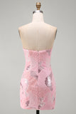 Robe courte de rentrée rose à perles bodycon, sans bretelles
