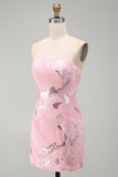 Robe courte de rentrée rose à perles bodycon, sans bretelles