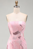 Robe courte de rentrée rose à perles bodycon, sans bretelles