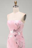 Robe courte de rentrée rose à perles bodycon, sans bretelles